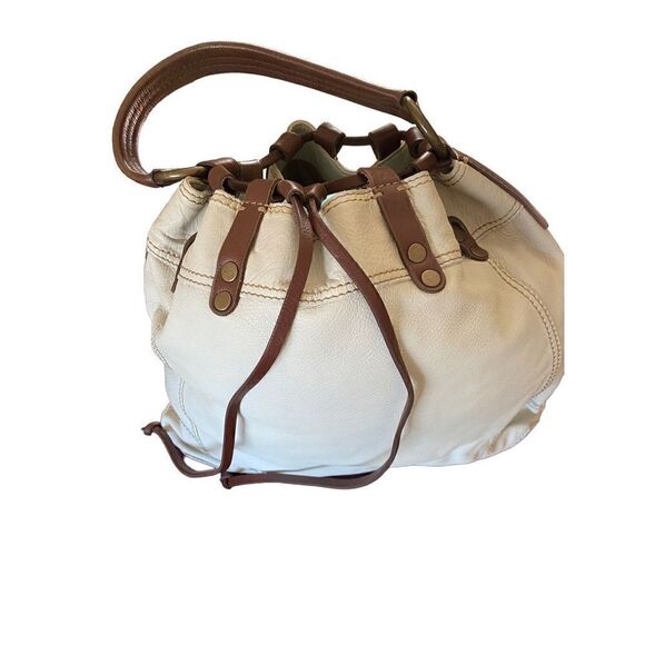 Lucky Brand ivory and brown leather drawstring hobo bag - Picture 2 of 8